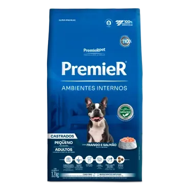 Racao Premier Ambientes Internos Caes Castrados Adultos Frango e Salmao 12kg frente